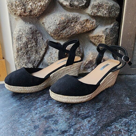 Primark Black Textile Strappy Wedges Size 7 - Picture 13 of 16